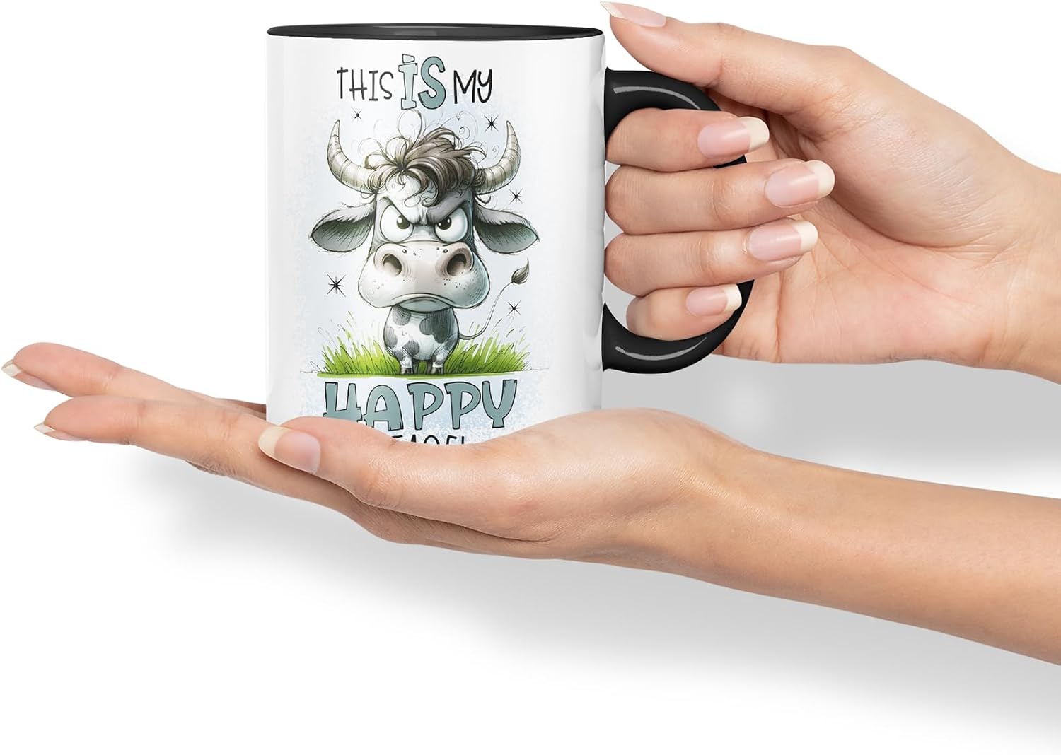 Vixar This is My Happy Face Funny Cow – Coloured Ceramic Mug Cup Gift, 11oz (Black)