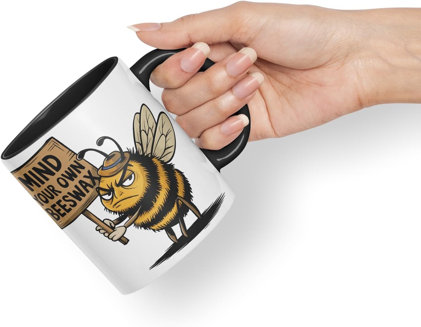 Vixar Mind Your Own Beeswax – Coloured Ceramic Mug Cup Gift, 11oz (Black)