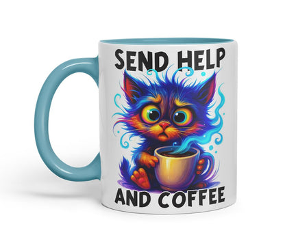 Vixar Send Help and Coffee Funny Cat Coffee Mug – Coloured Ceramic Mug Cup Gift, 11oz (Black)