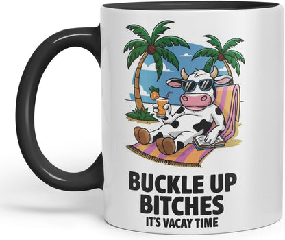 Vixar Buckle Up Bit... It’s Vacay Time Cow Coloured Ceramic Mug Cup Gift, 11oz (Black)