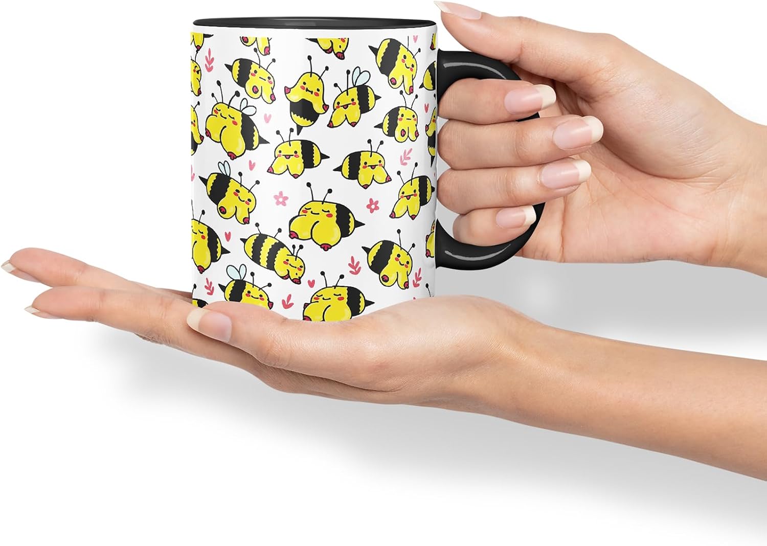 Vixar Cute Bee Breasts, Tits, Pattern Mug – Coloured Ceramic Mug Cup Gift, 11oz (Black)