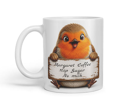Vixar Personalised Robin Mug with Name or Custom Message – Cute Animal Coloured Ceramic Mug Cup Gift, 11oz (Black)