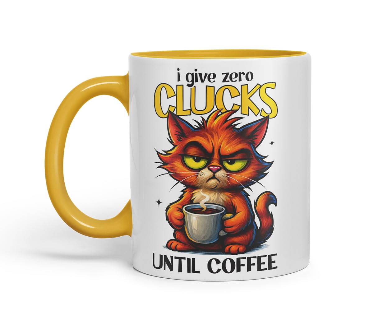 Vixar I Give Zero Clucks Until Coffee Funny Cat Mug – Coloured Ceramic Mug Cup Gift, 11oz (Black)