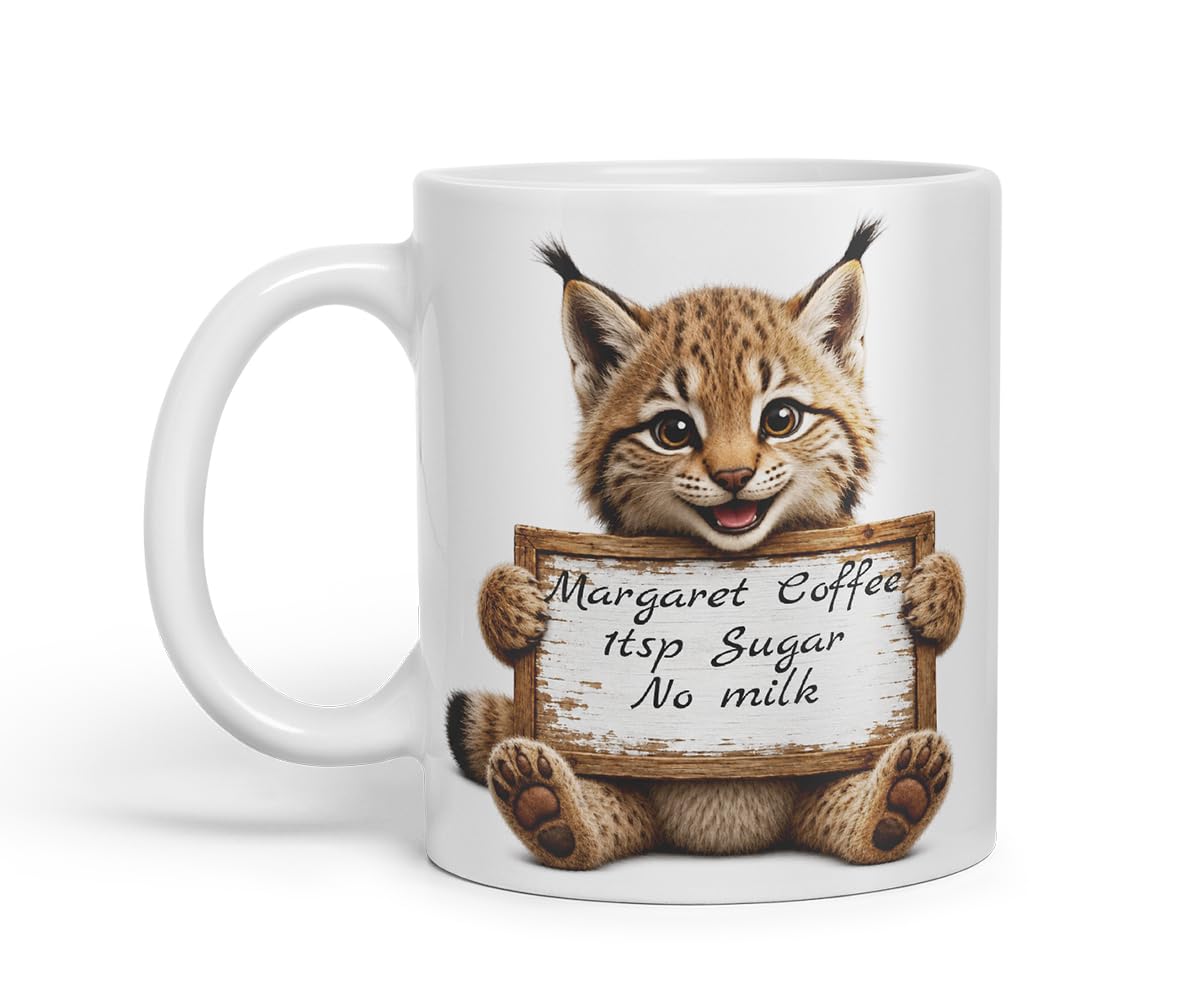 Vixar Personalised Lynx Mug with Name or Custom Message – Cute Animal Coloured Ceramic Mug Cup Gift, 11oz (Black)
