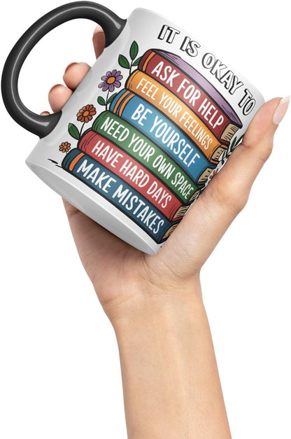 Vixar It is Okay to Ask for Help – Feel Your Feelings – Be Yourself – Need Your Own Space – Have Hard Days – Make Mistakes Coloured Ceramic Mug Cup Gift, 11oz (Black)