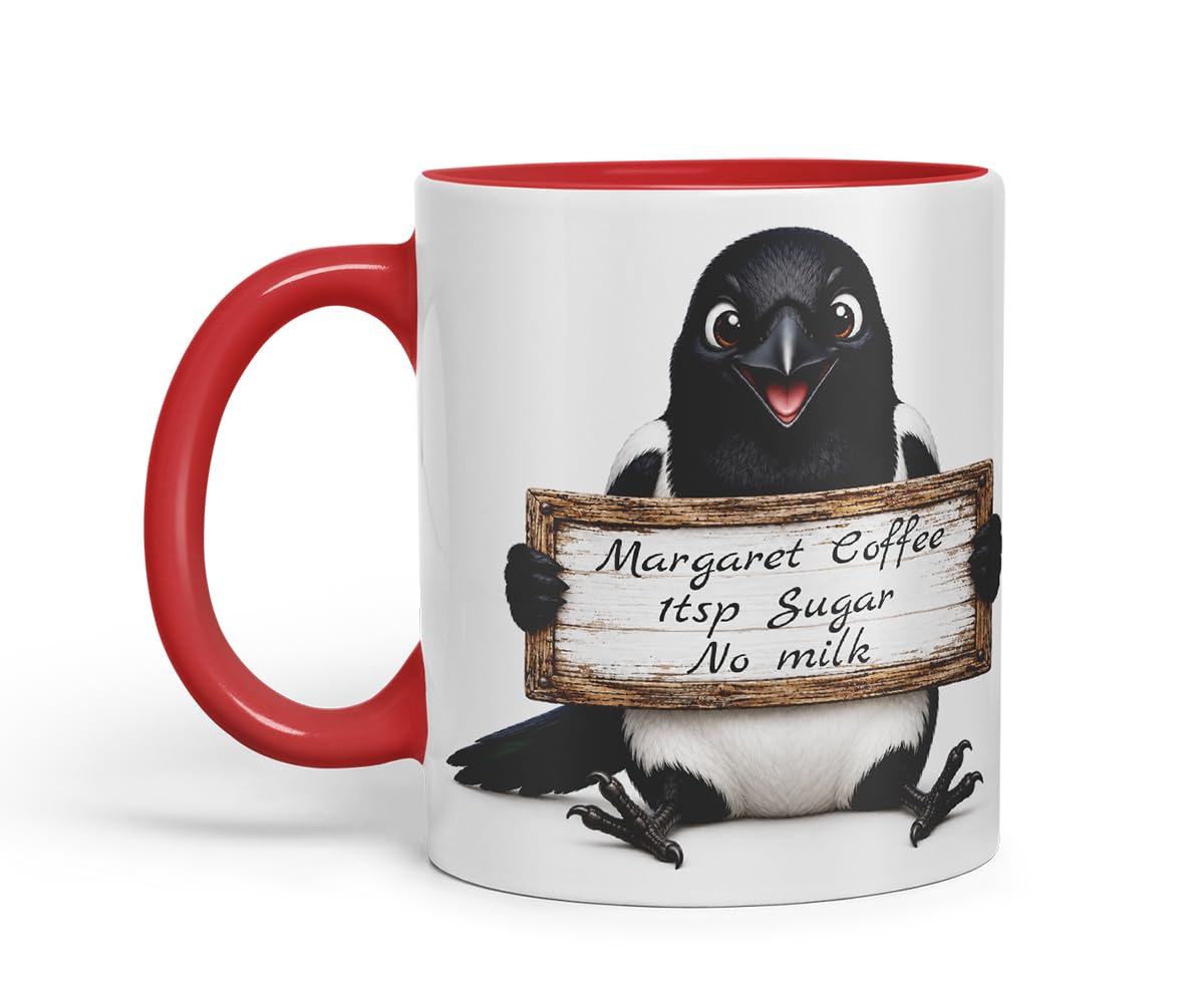 Vixar Personalised Magpie Mug with Name or Custom Message – Cute Animal Coloured Ceramic Mug Cup Gift, 11oz (Black)