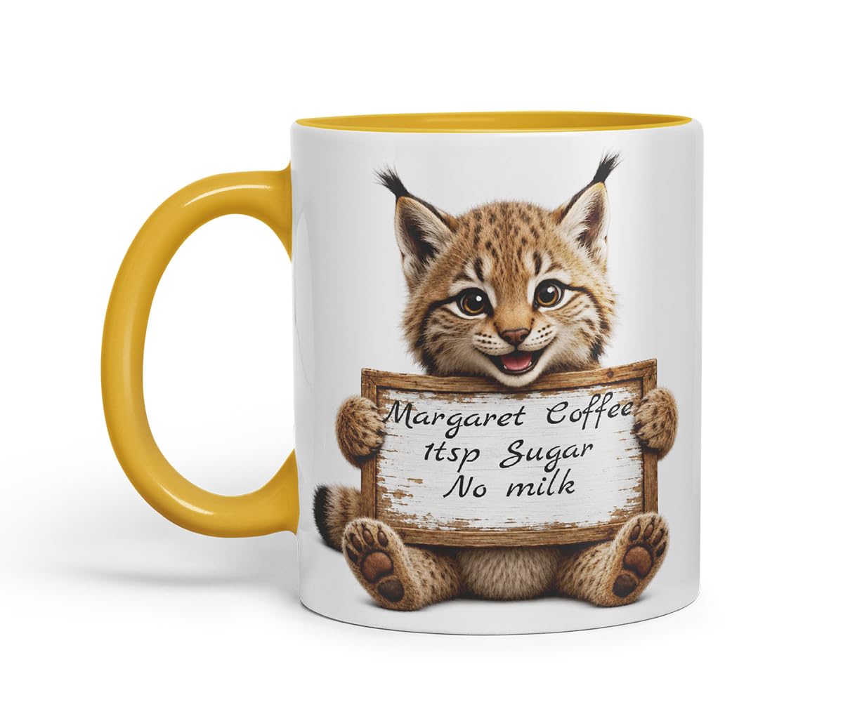 Vixar Personalised Lynx Mug with Name or Custom Message – Cute Animal Coloured Ceramic Mug Cup Gift, 11oz (Black)