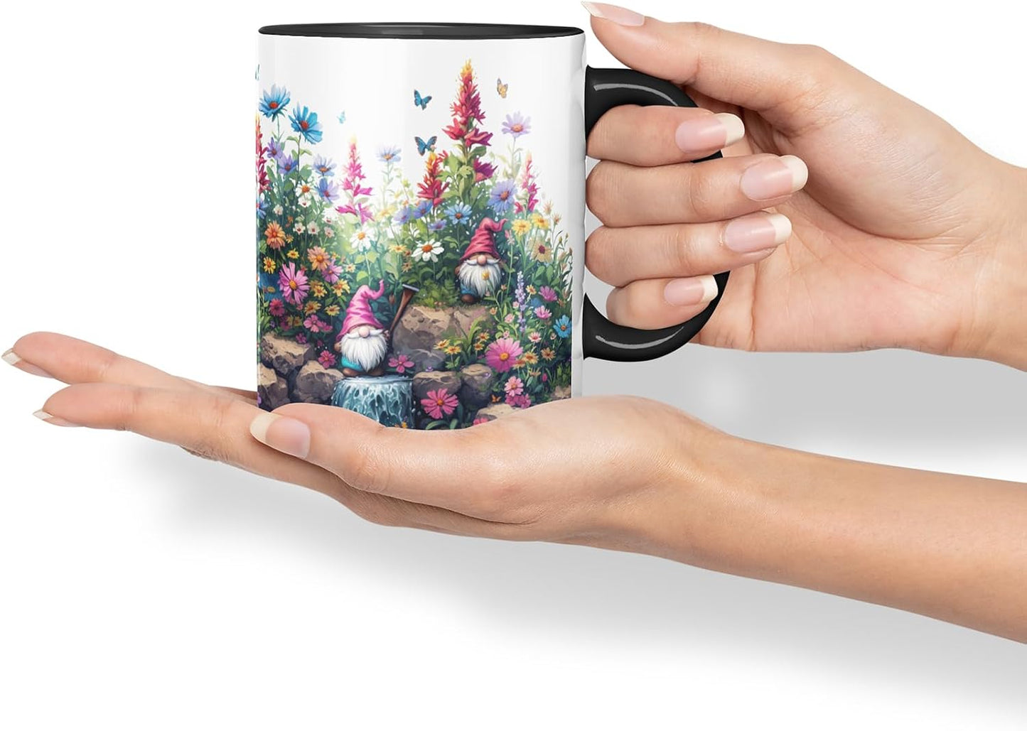 Vixar Garden Gnome Waterfall Mug – Coloured Ceramic Mug Cup Gift, 11oz (Black)