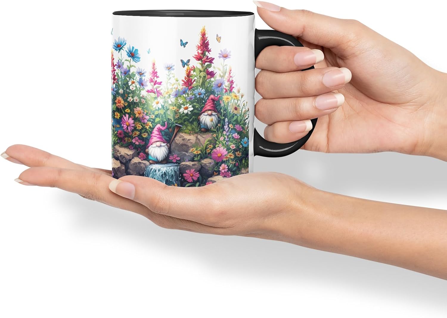 Vixar Garden Gnome Waterfall Mug – Coloured Ceramic Mug Cup Gift, 11oz (Black)