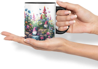 Vixar Garden Gnome Waterfall Mug – Coloured Ceramic Mug Cup Gift, 11oz (Black)