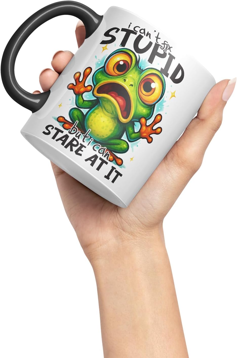 Vixar I Can't Fix Stupid But I Can Stare At It Funny Frog Mug – Coloured Ceramic Mug Cup Gift, 11oz (Black)
