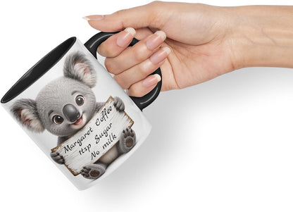 Vixar Personalised Koala Mug with Name or Custom Message – Cute Animal Coloured Ceramic Mug Cup Gift, 11oz (Black)