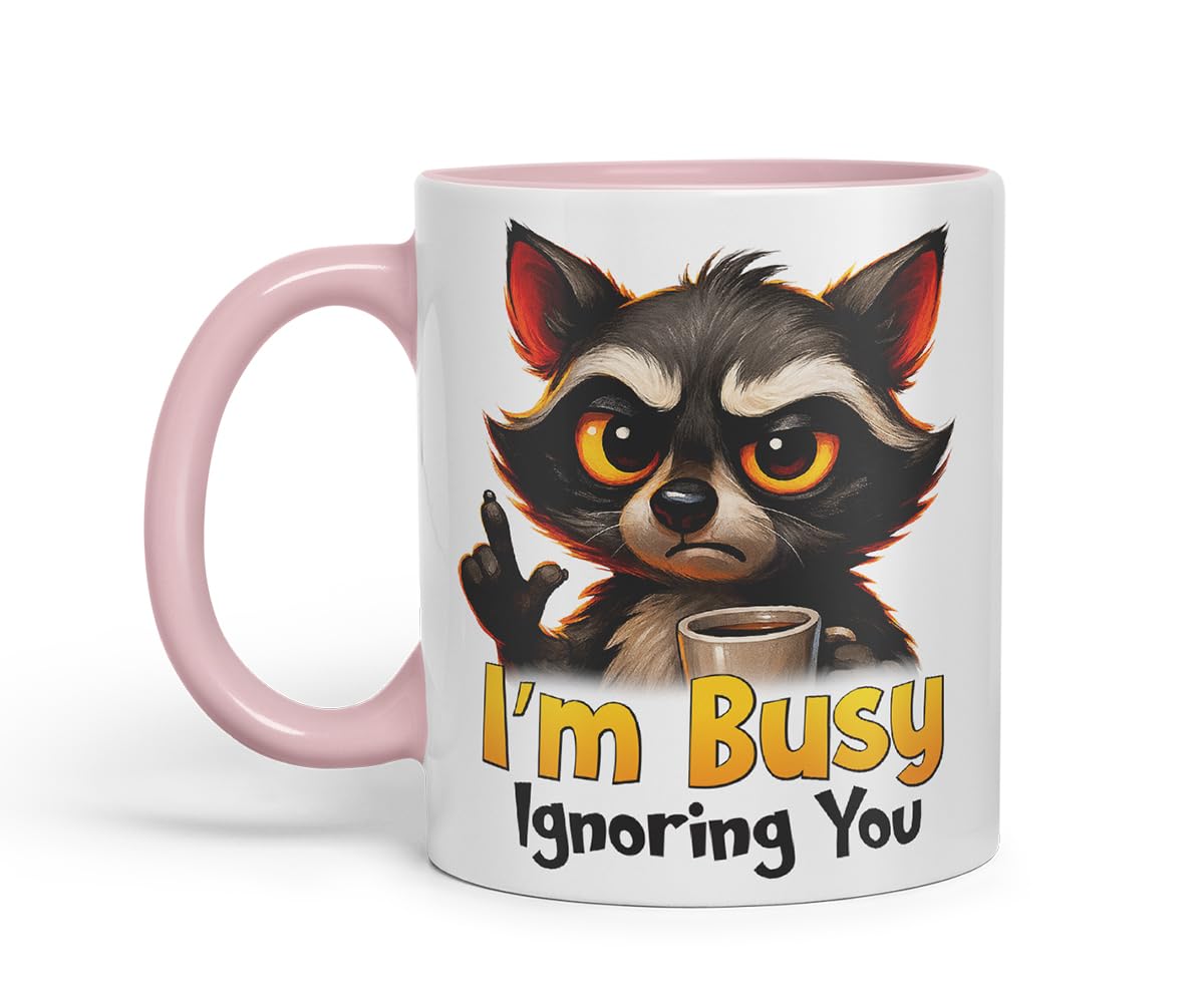 Vixar I'm Busy Ignoring You Sarcastic Raccoon – Coloured Ceramic Mug Cup Gift, 11oz (Black)