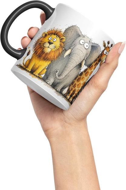 Vixar Funny Safari Animals Mug – Cute Safari Animals Coloured Ceramic Mug Cup Gift, 11oz (Black)