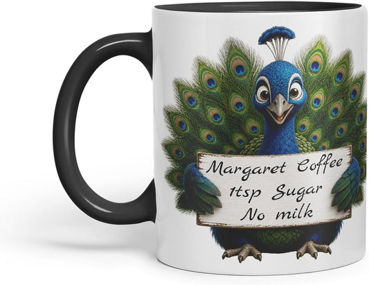 Vixar Personalised Peacock Mug with Name or Custom Message – Cute Animal Coloured Ceramic Mug Cup Gift, 11oz (Black)