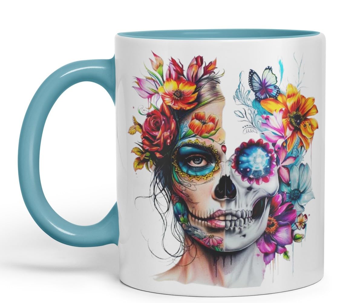Vixar Sugar Skull Floral Woman Mug – Artistic Day of The Dead Design, Boho Coloured Mug Cup V1 (Pink)