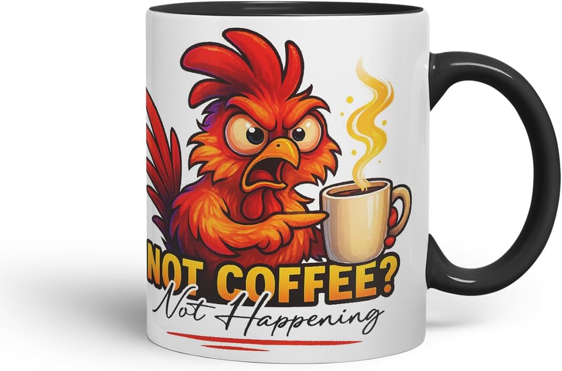 Vixar No Coffee Not Happening Funny Rooster Mug – Coloured Ceramic Mug Cup Gift, 11oz (Black)