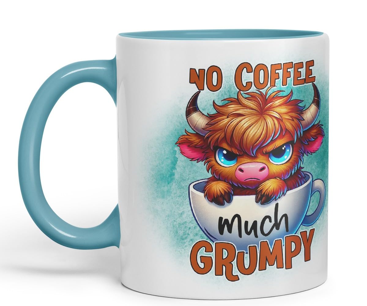 Vixar No Coffee Much Grumpy Highland Cow Coloured Ceramic Mug Cup Gift for Coffee Lovers 11oz (Black)