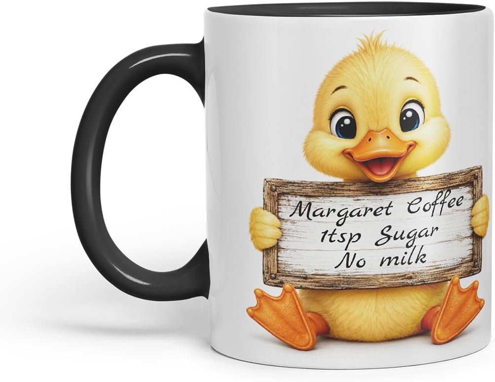 Vixar Personalised Duckling Mug with Name or Custom Message – Cute Animal Coloured Ceramic Mug Cup Gift, 11oz (Black)