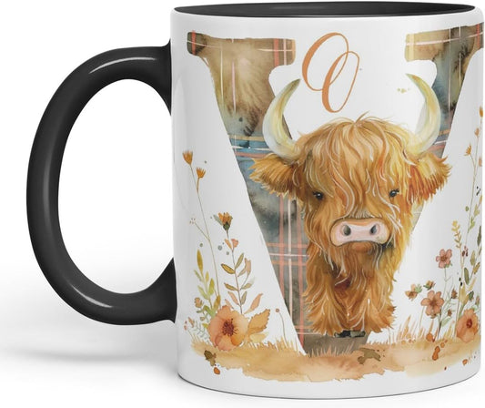 Vixar Highland Cow Alphabet Monogram Coloured Ceramic Cup Mug – Letter V – Rustic Farmhouse Animal Letter Gift – 11oz (Black)