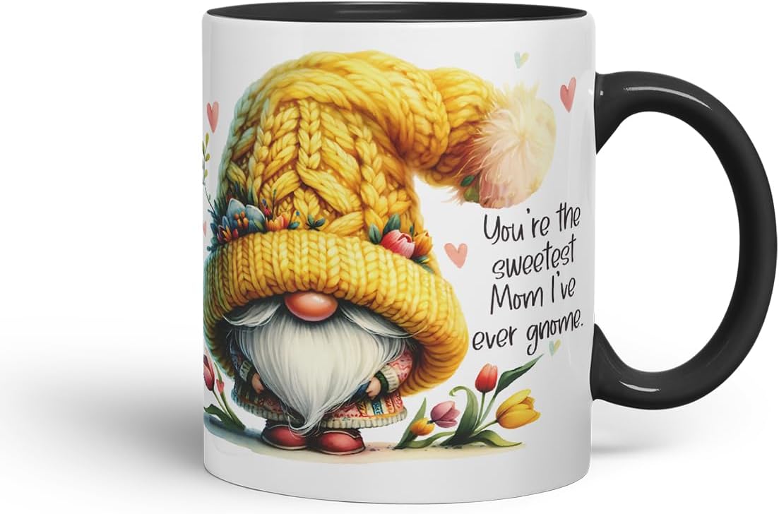 Vixar You're the Sweetest Mom I've Ever Gnome Cute Gnome Mother Mum Mug – Coloured Ceramic Mug Cup Gift, 11oz (Black)