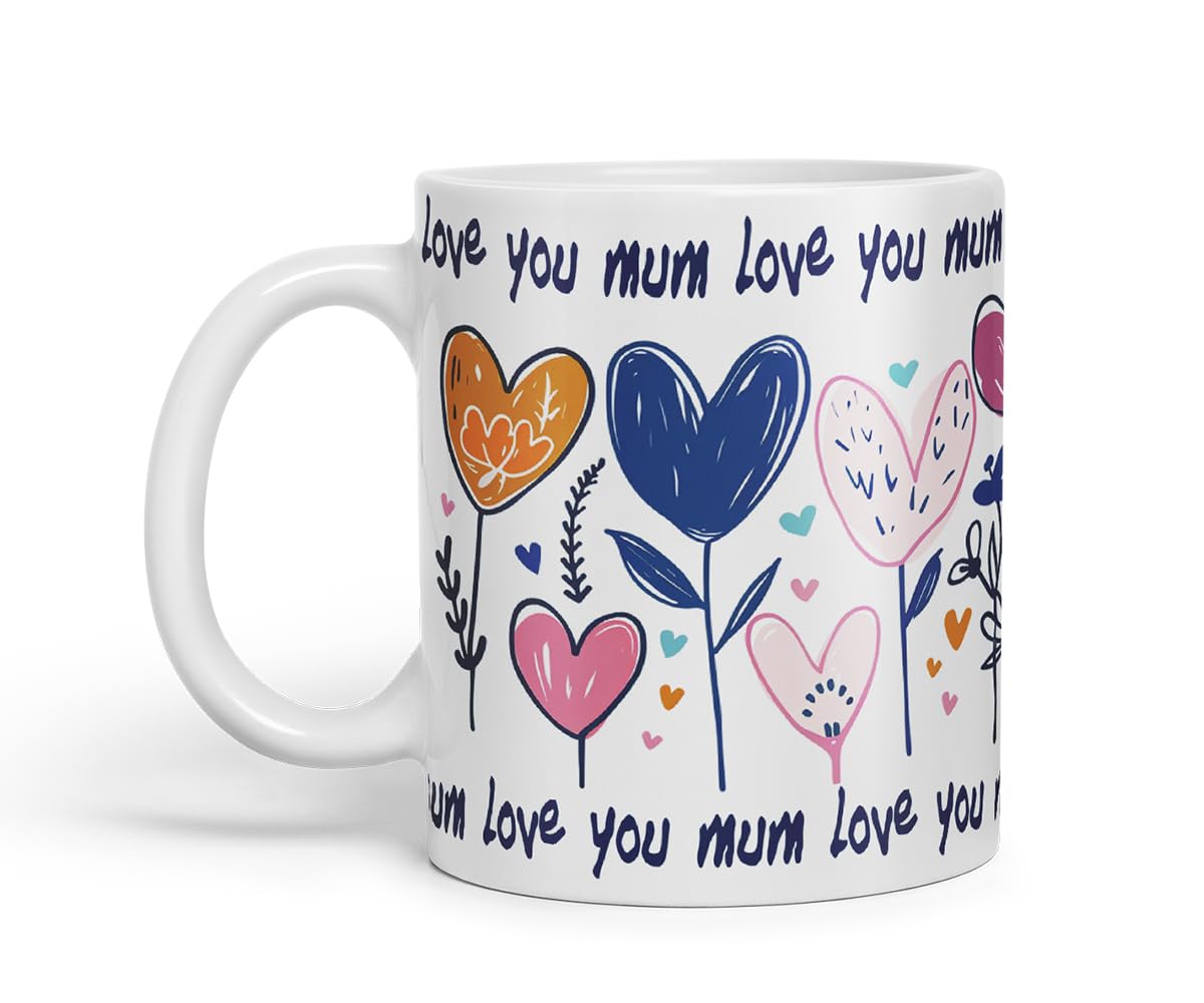 Vixar Love You Mum Floral Hearts Mug – Coloured Ceramic Mug Cup Gift, 11oz (Black)