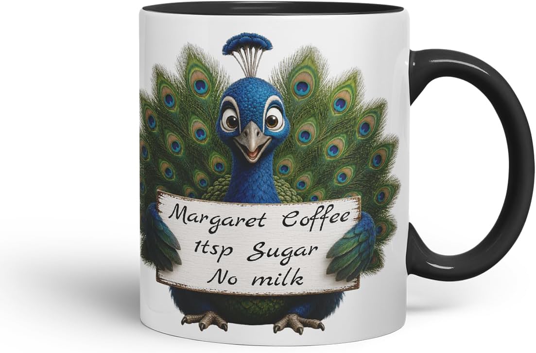 Vixar Personalised Peacock Mug with Name or Custom Message – Cute Animal Coloured Ceramic Mug Cup Gift, 11oz (Black)