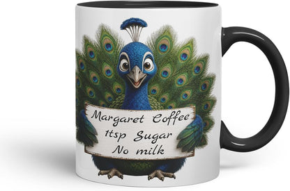 Vixar Personalised Peacock Mug with Name or Custom Message – Cute Animal Coloured Ceramic Mug Cup Gift, 11oz (Black)