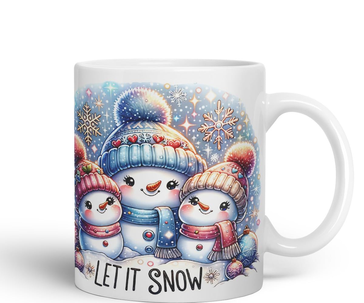 Vixar Let It Snow Cute Snowman Family Coloured Mug Cup Christmas Winter Gift 11oz (Black)