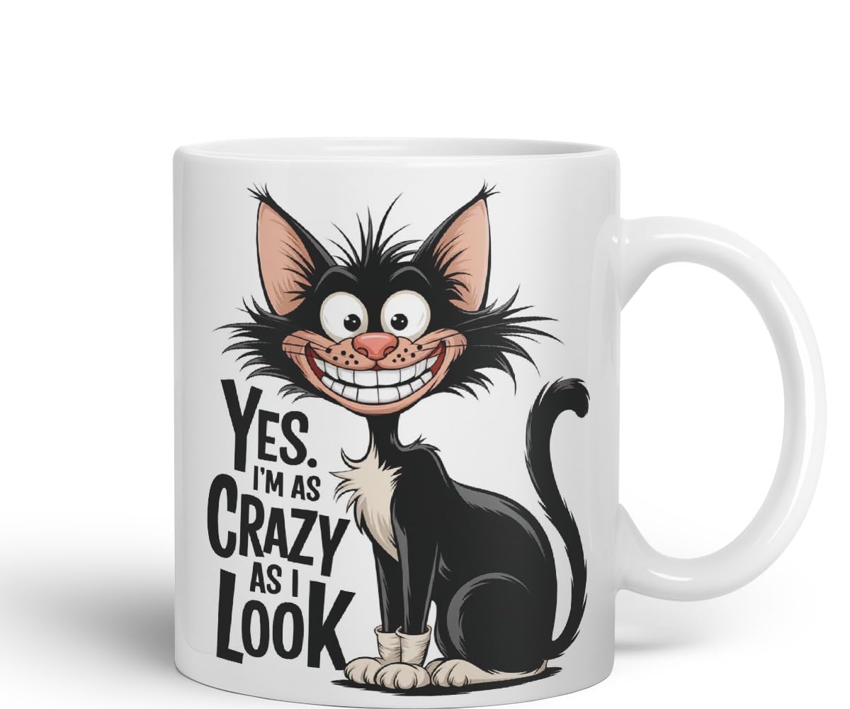 Vixar Yes I’m as Crazy as I Look (Cat) – Coloured Ceramic Mug Cup Gift, 11oz (Black)