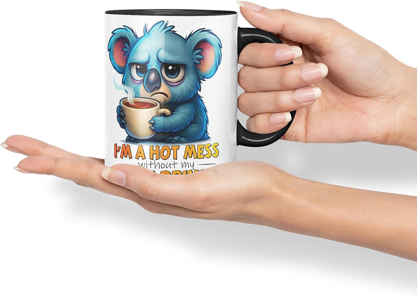 Vixar I'm A Hot Mess Without My Hot Drink Funny Koala Mug – Coloured Ceramic Mug Cup Gift, 11oz (Black)