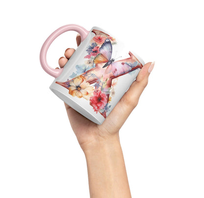 Letter X mug, Floral flowers butterfly Alphabet Letter X Monogram watercolour Ceramic Coloured Mug Cup for Tea Coffee Hot brew 330ml 11Oz Gift