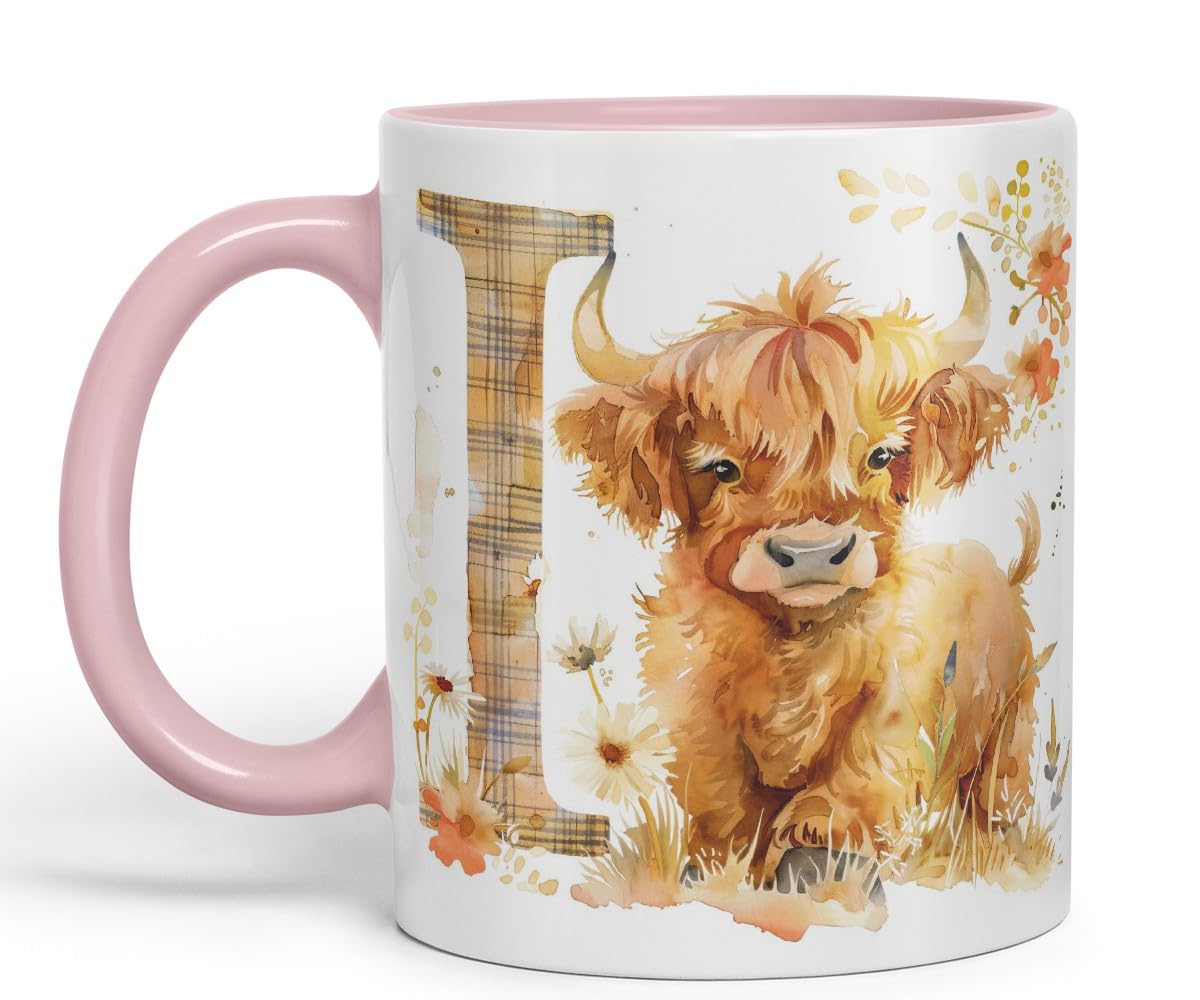 Vixar Highland Cow Alphabet Monogram Coloured Ceramic Cup Mug – Letter I – Rustic Farmhouse Animal Letter Gift – 11oz (Black)