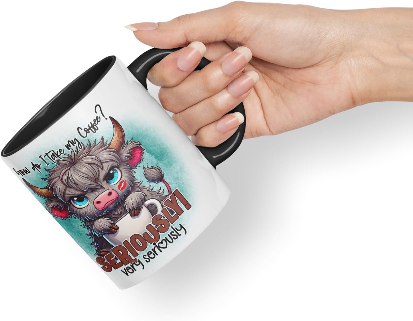 Vixar How Do I Take My Coffee? Seriously! Very Seriously Highland Cow Coloured Ceramic Mug Cup Gift for Coffee Lovers 11oz (Black)