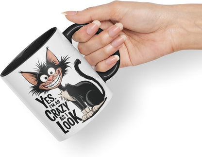 Vixar Yes I’m as Crazy as I Look (Cat) – Coloured Ceramic Mug Cup Gift, 11oz (Black)
