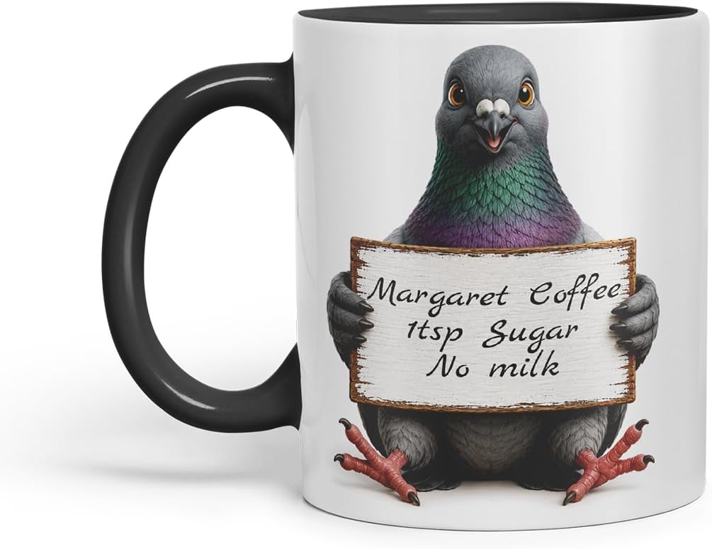 Vixar Personalised Pigeon Mug with Name or Custom Message – Cute Animal Coloured Ceramic Mug Cup Gift, 11oz (Black)