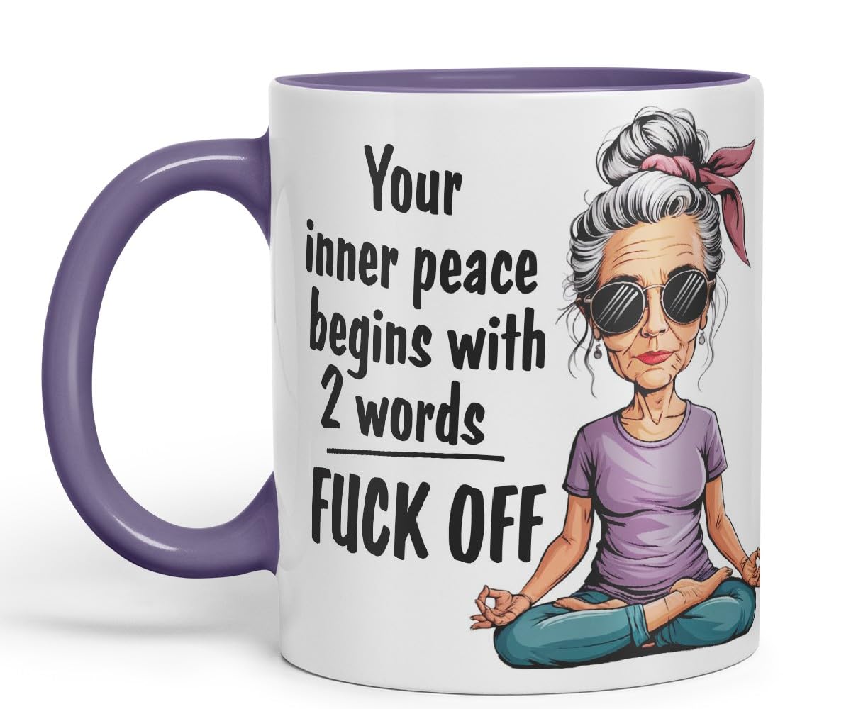 Vixar Your Inner Peace Begins with 2 Words – F*ck Off – Coloured Ceramic Mug Cup Gift, 11oz (Black)