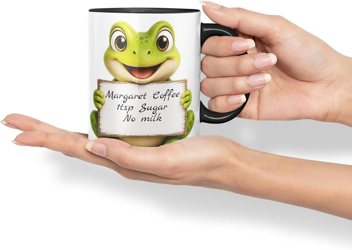 Vixar Personalised Frog Mug with Name or Custom Message – Cute Animal Coloured Ceramic Mug Cup Gift, 11oz (Black)