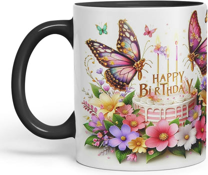 Vixar Happy Birthday Pink Cake Butterflies Coloured Ceramic Mug Cup Gift 11oz V10 (Black)