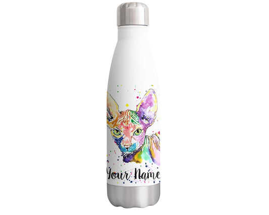 Vixar Sphynx cat Personalised Custom Bottle with your Text/name Watercolour kitten pet cat Animals Bottle Double Wall Insulated Stainless Steel Sport Drinks 500ml