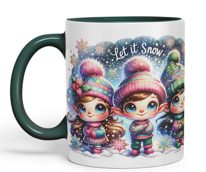 Vixar Let It Snow Cute Christmas Elves Coloured Mug Cup Winter Gift 11oz (Black)