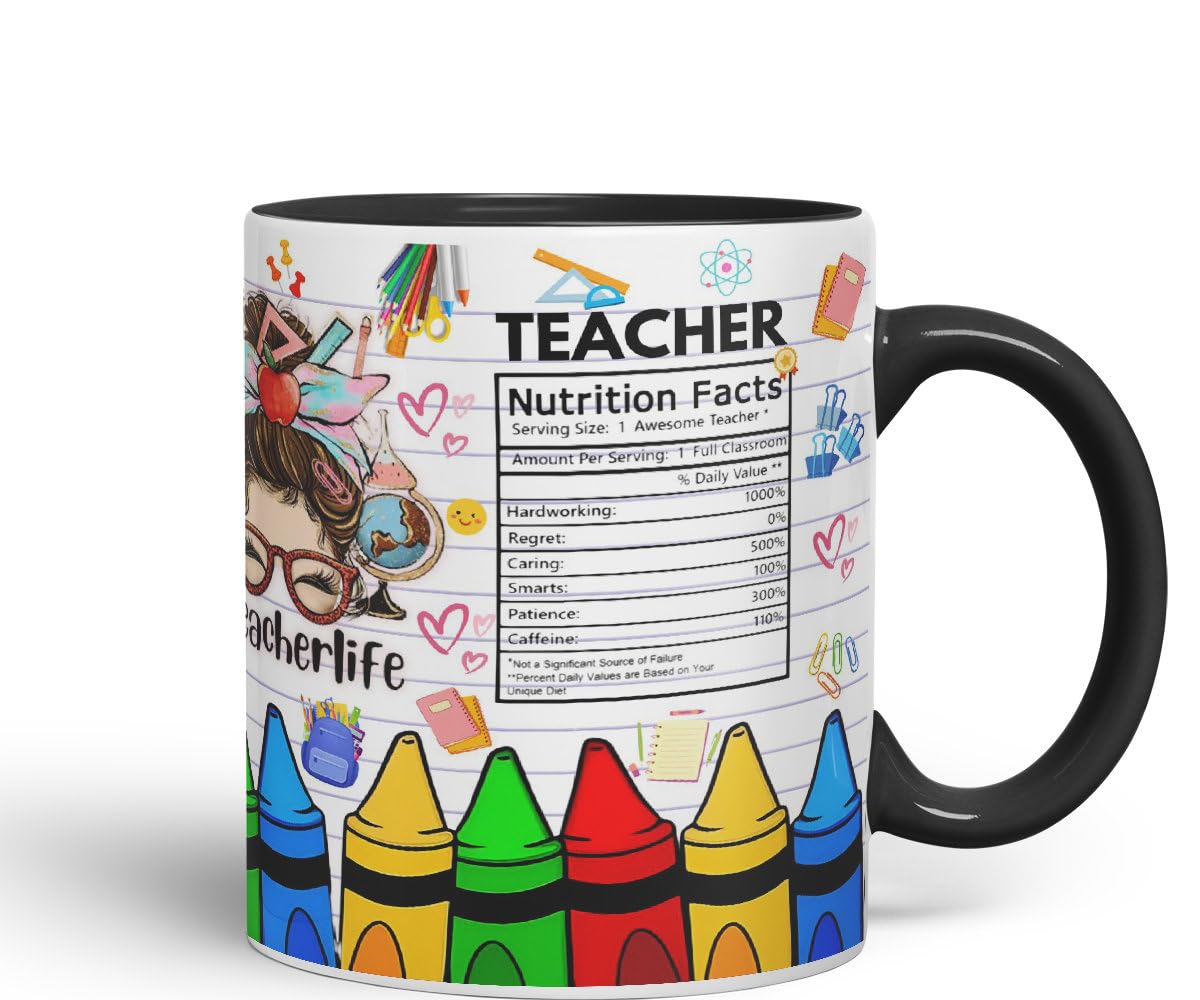 Vixar Teacher Nutrition Facts #teacherlife Mug Thank You, End of School Gift Ceramic Coloured Mug Cup for Tea Coffee Hot Brew 330ml 11Oz Gift TF1