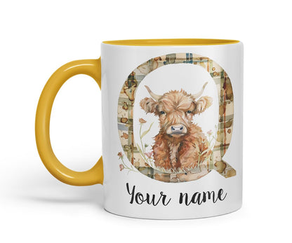 Vixar Personalised Highland Cow Initial Letter Q Custom Name Mug – Coloured Ceramic Mug Cup Gift, 11oz (Black)
