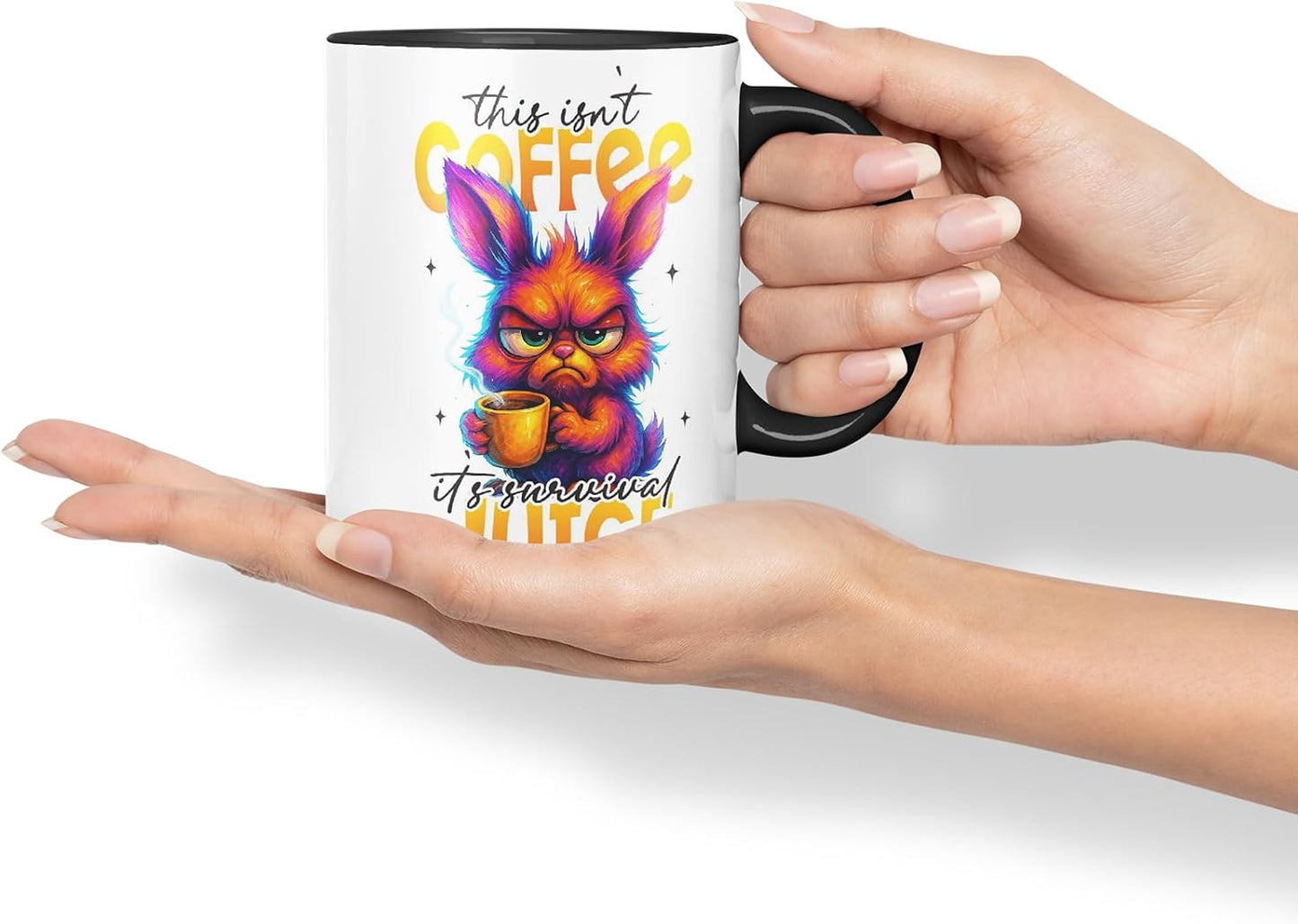 Vixar This Isn't Coffee It's Survival Juice Funny Bunny Coffee Mug – Coloured Ceramic Mug Cup Gift, 11oz (Black)