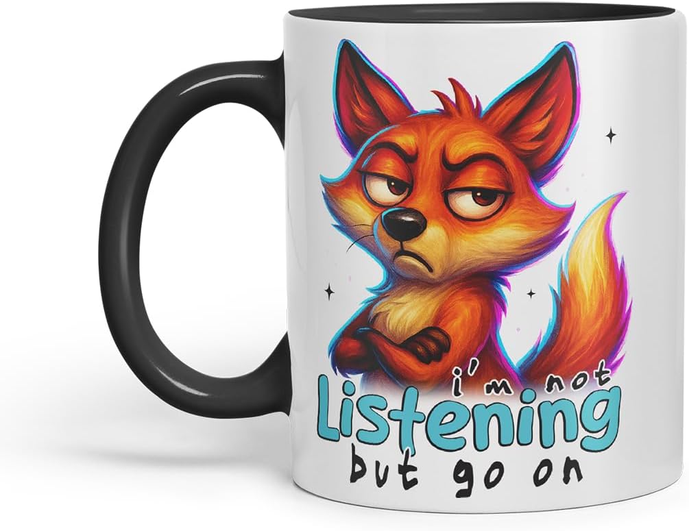 Vixar I'm Not Listening But Go On Sarcastic Fox – Coloured Ceramic Mug Cup Gift, 11oz (Black)