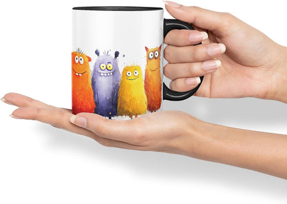 Vixar Funny Colourful Monsters Design – Coloured Ceramic Mug Cup Gift, 11oz (Black)