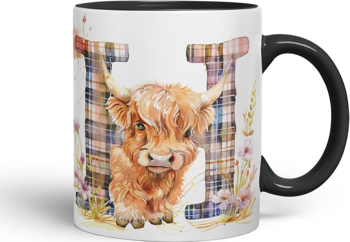Vixar Highland Cow Alphabet Monogram Coloured Ceramic Cup Mug – Letter H – Rustic Farmhouse Animal Letter Gift – 11oz (Black)