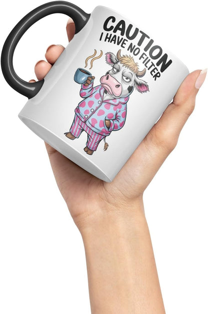 Vixar Caution I Have No Filter Cow Joke Coloured Ceramic Mug Cup Gift, 11oz (Black)
