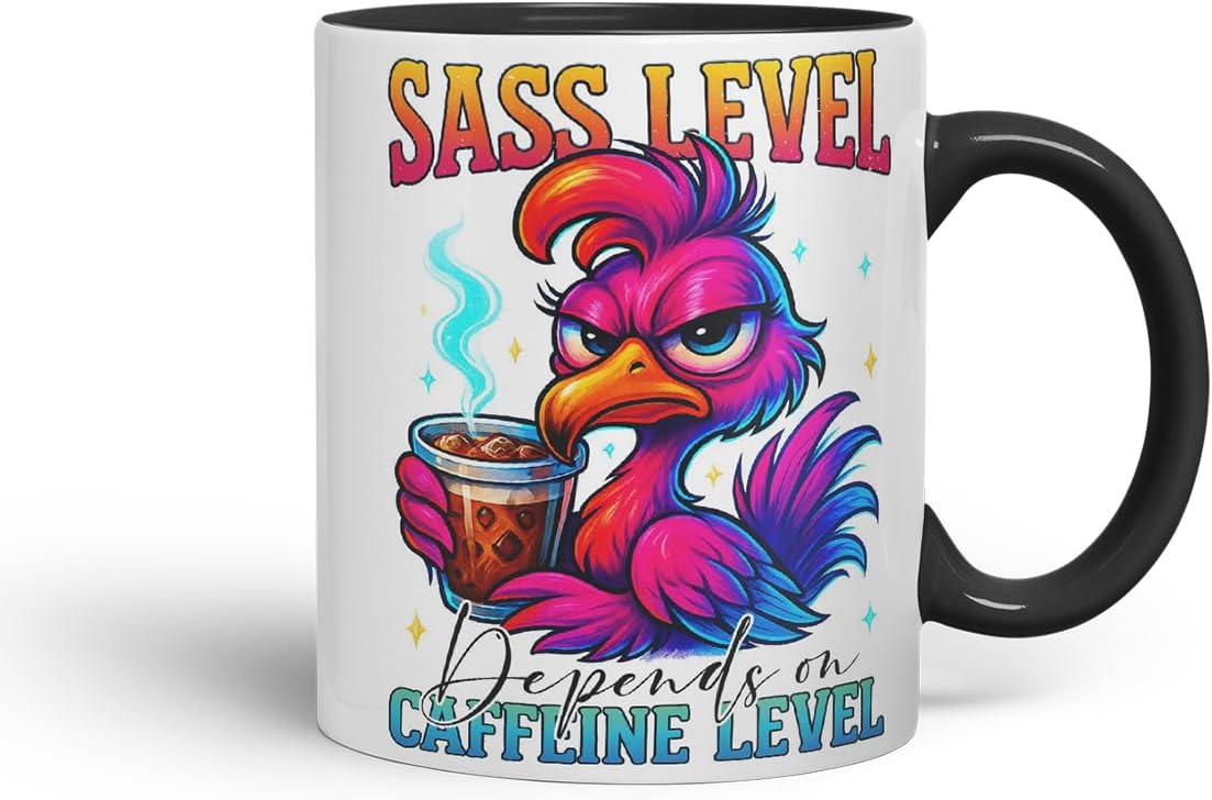 Vixar Sass Level Depends On Caffeine Level Funny Bird Coffee Mug – Coloured Ceramic Mug Cup Gift, 11oz (Black)
