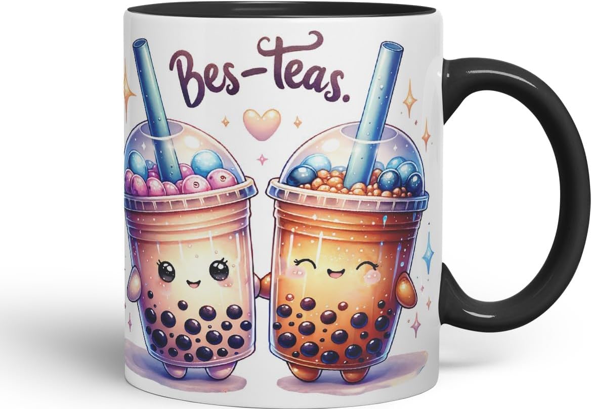Vixar BES-Teas Coloured Ceramic Cup Mug – Funny Bubble Tea Lovers Gift for Friends, Couples or Coworkers – 11oz (Black)